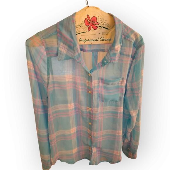 S0 Light Pink and Blue Plaid Sheer Button Up Long Sleeve Shirt RN73277 (Size L) - Picture 3 of 7